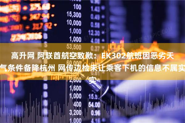 高升网 阿联酋航空致歉：EK302航班因恶劣天气条件备降杭州 网传边检未让乘客下机的信息不属实